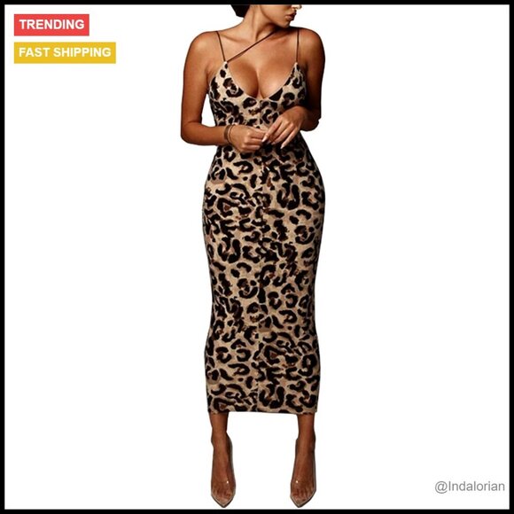 Dresses & Skirts - Sexy Neon Bodycon Midi Dress Asymmetrical Spaghetti Strap Deep V-Neck Club